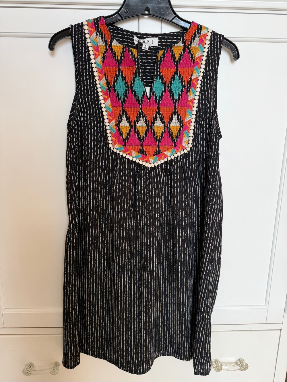 THML Black Sleeveless Dress with Pink, Teal & Orange Embroidered Yoke- NWT S